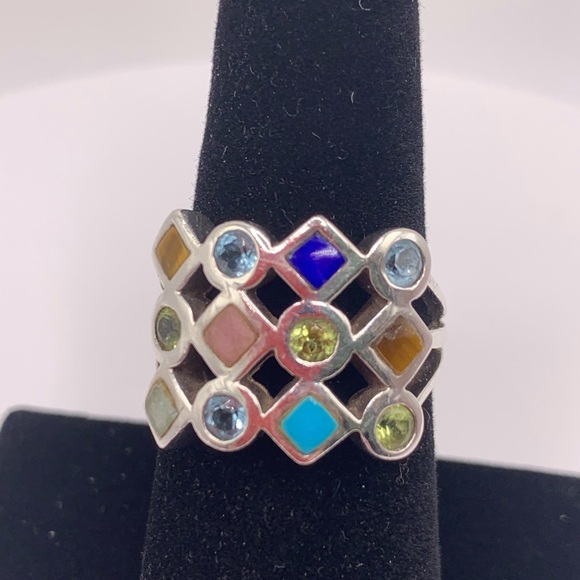Artisan Jewelry - Vintage Sterling Silver Multi-Gemstone Inlaid Checkerboard Ring
